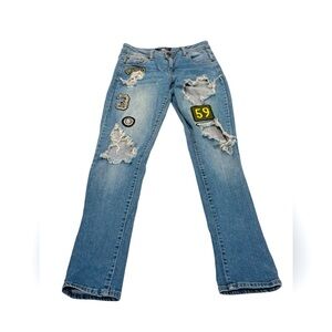 Boom Boom Distressed Patched Embroidered Ripped Slim Denim Jeans Size 5